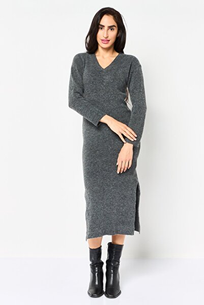 Don't Call Me Jennyfer Women V Neck Heather Sweater Dress, Dark Grey