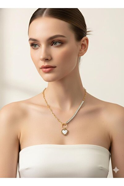 stainless steell Kalp Detay Zirkon Doğal Taşlı Zincir Çelik Kolye