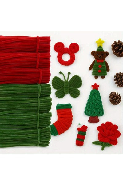 Cinnamon Bunny Şönil Tüylü Tel 50 Adet Kırmızı 50 Adet Yeşil Yılbaşı Temalı Eğitici Şönil Seti 100 AD