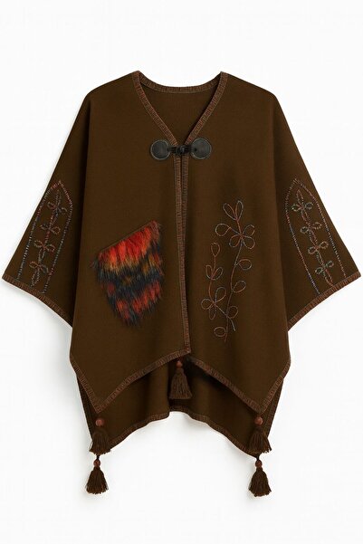 sf collection Women's Casual Model Fur Detailed Knitwear Knitted Poncho