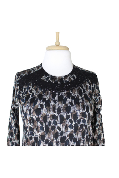 HESNA Women's Asude Winter Quality Abstract Leopard Pattern Black Plus Size Mother Dress