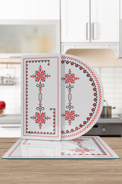 Decovetro Glass Presentation Serving Plate Set of 3 Mixed Set Cross Stitch Patterned