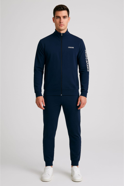 ANATOLIATEKSTILE Men's tracksuit, navy blue – Zippered sweatshirt and pants set, thick cotton, modern cut