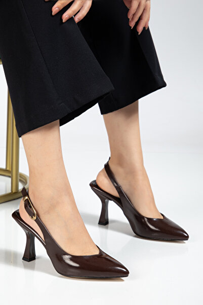 Genetti Women's Bitter Brown Thin Heel Pointed Toe Ballet Strap Slingback Stiletto Heeled Shoes