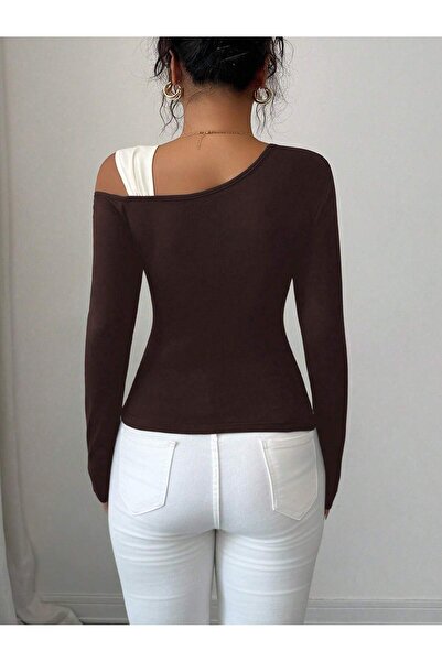 meren like your style Coffee Long Sleeve White Strap Off Shoulder Top Blouse