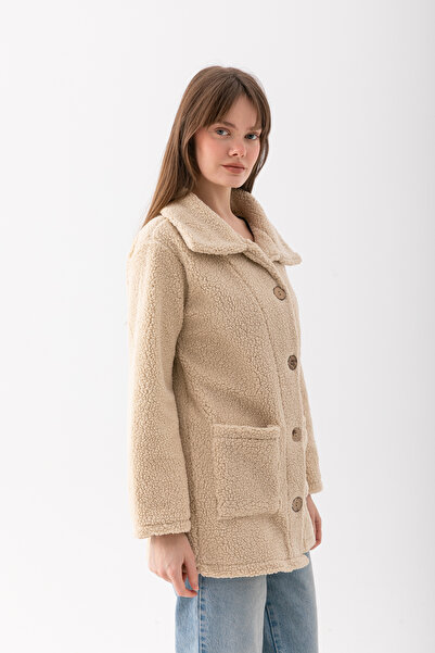 EtkiModa Women's Cream Buttoned Fleece Cardigan