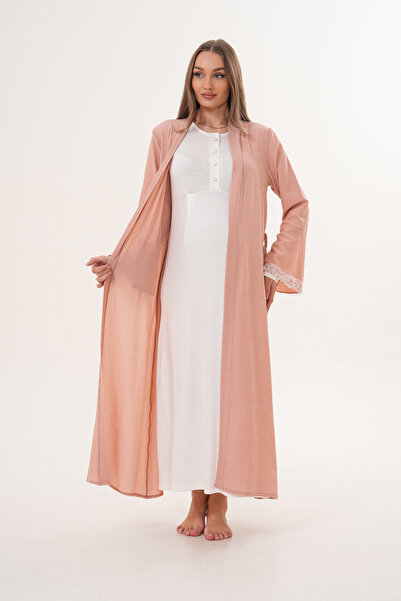 BLACKMORE Women's Powder Jacquard Lace Detailed Cotton Full Length Maternity Nightgown Dressing Gown Set of 2