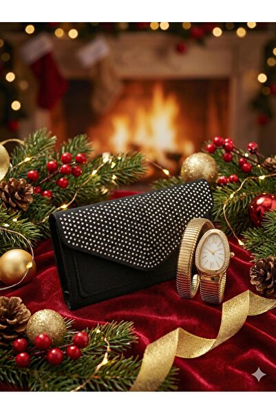 TALKAN Kadın Hediyelik Taşlı Cüzdan ve Gold Bileklik Model Saat Set