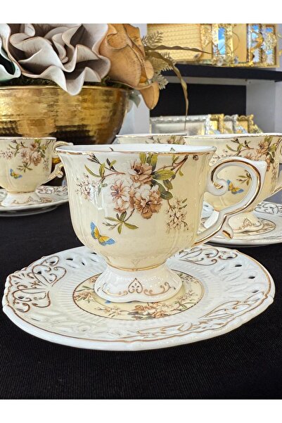LOKMAN ZÜCCACİYE SHOWROOM 6-Piece Gold-Plated Cream-Colored Footed Coffee Cup Set with Flower Motif Flower (90ml)
