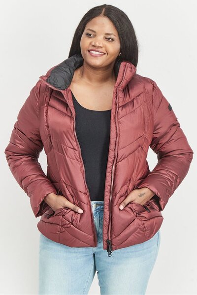 Sam Edelman Women High Neckline Long Sleeve Chevron Puffer Jacket, Burgundy