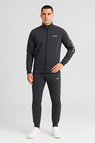 ANATOLIATEKSTILE Men's Tracksuit, Dark Gray – Zip-Up Top + Pants Set, Thick Cotton, Modern Fit