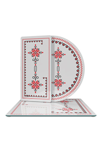 Decovetro Glass Presentation Serving Plate Set of 3 Mixed Set Cross Stitch Patterned