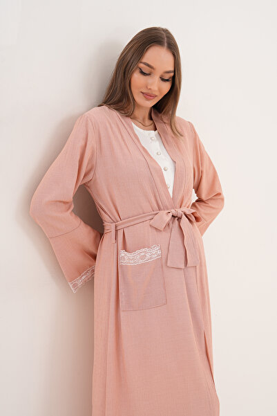 BLACKMORE Women's Powder Jacquard Lace Detailed Cotton Full Length Maternity Nightgown Dressing Gown Set of 2