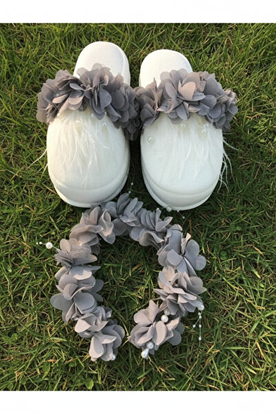 Fiyonks Atölye Maternity Slippers and Floral Crown, Women's Maternity Set, Feathered Pearl Model