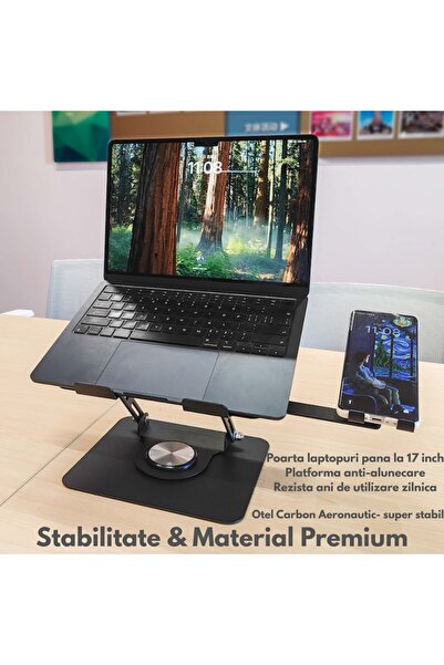 Nubiqo Adjustable Carbon Steel Laptop Stand with 4-Port USB Hub and Phone Holder, Gray