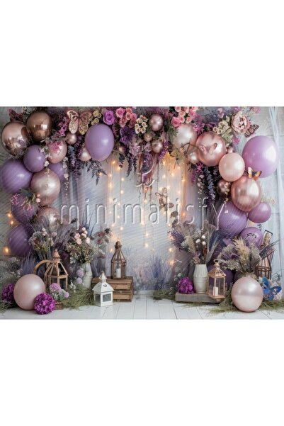 Minimalisfy Büyülü Mor Bakır Balonlarla Rüya Gibi Parti Arka Planı 200x150cm ...