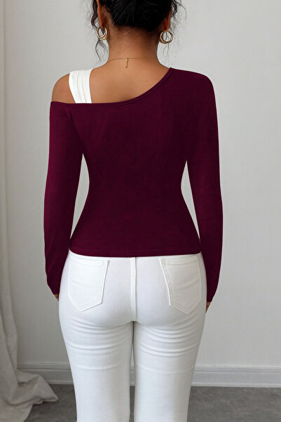 meren like your style Burgundy Long Sleeve White Strap Open Shoulder Top Blouse