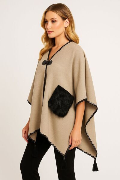 sf collection Women's Casual Model Fur Detailed Knitwear Knitted Poncho