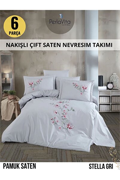 Dantela STELLA GRI Nakışlı Çift Kişilik Pamuk Saten Nevresim Takımı 6 parca
