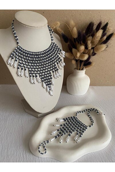 Handmade KUM BONCUK EL İŞİ GRİ KOLYE SETİ