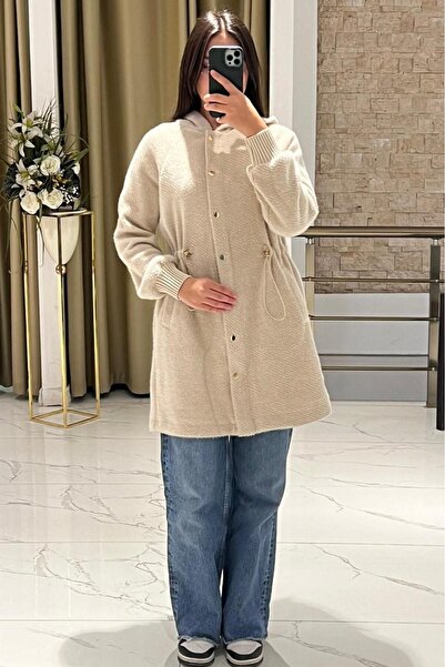 Ghisa Angora Coat with Hood, Drawstring Waist, and Gold Snap Buttons