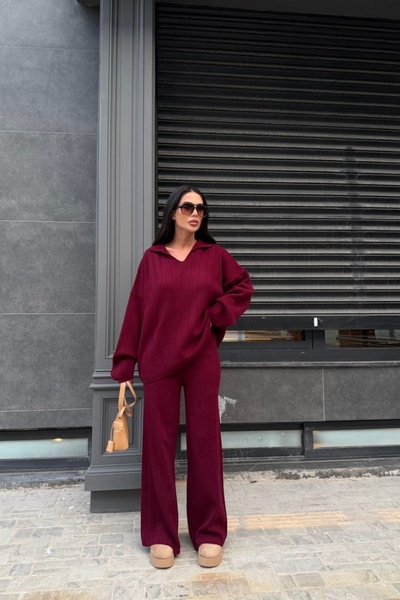 Auroveen قصة فضفاضة قماش مجدّل طقم سترة وبنطلون تريكو بياقة بولو AV3942