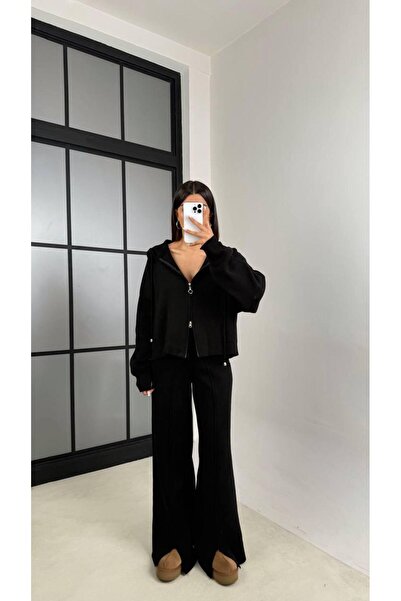 ALVOR T Double Zippered Hooded Cardigan Elastic Waist Trousers Double Knitwear Set