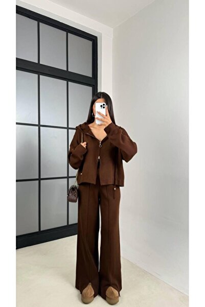 ALVOR T Double Zippered Hooded Cardigan Elastic Waist Trousers Double Knitwear Set