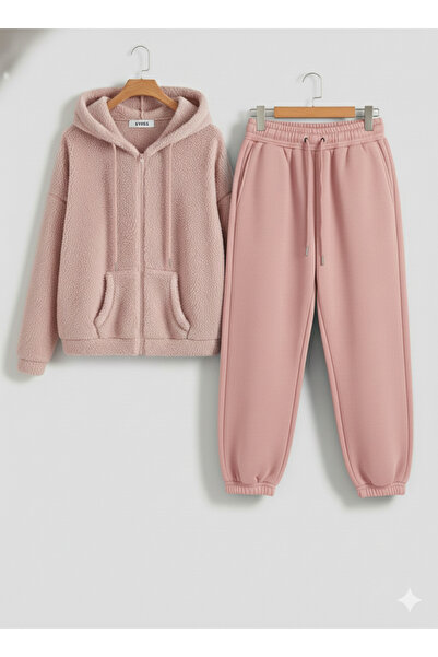 KVİNS Unisex Oversized Full Zip Plush Tracksuit Set |   Hooded Plush & Sweatp...