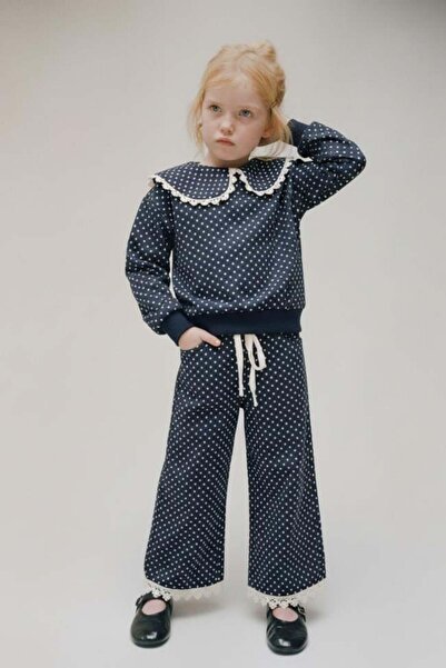 Magu Girls' Cotton Polka Dot Patterned Lace Collar Set – Wide Leg Pants