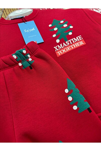 Magu Unisex Children's Cotton Burgundy Christmas Tree Patterned Tracksuit Set – Comfortable Fit