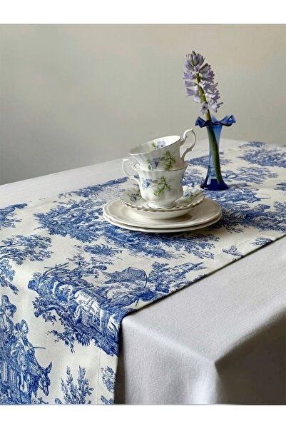 ToffyStore Blue Patterned Linen Runner (40X140Cm)