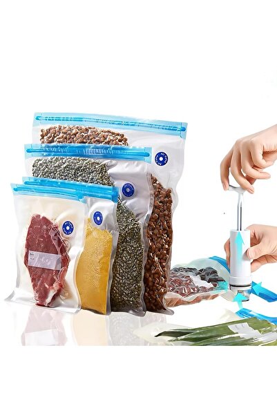 Generic Resealable food storage bags and a manual vacuum pump.