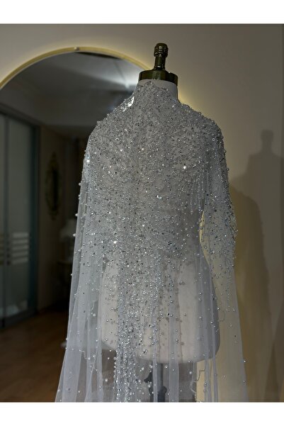 MODA Yoğun Dantelli Gelin Duvağı-2 Metre - Gümüş dantelli kristal kenar işlemeli inci serpme Duvak