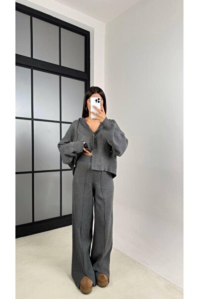 ALVOR T Double Zippered Hooded Cardigan Elastic Waist Trousers Double Knitwear Set