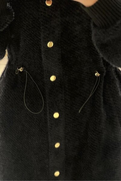 Ghisa Angora Coat with Hood, Drawstring Waist, and Gold Snap Buttons