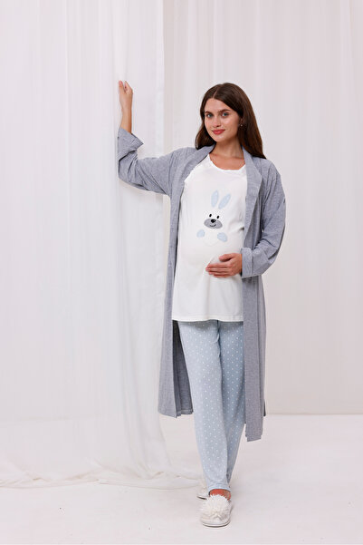 Yulem Homewear Blue Rabbit Patterned Cotton Maternity Pajamas with Nursing Feature, 3-Piece Set