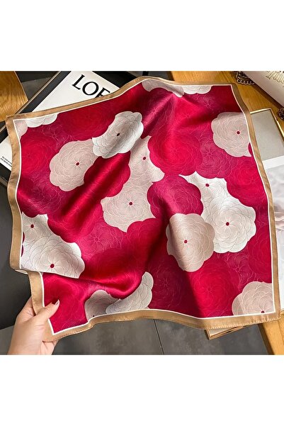 OMG Natural silk scarf, red and white floral print, 53x53 cm