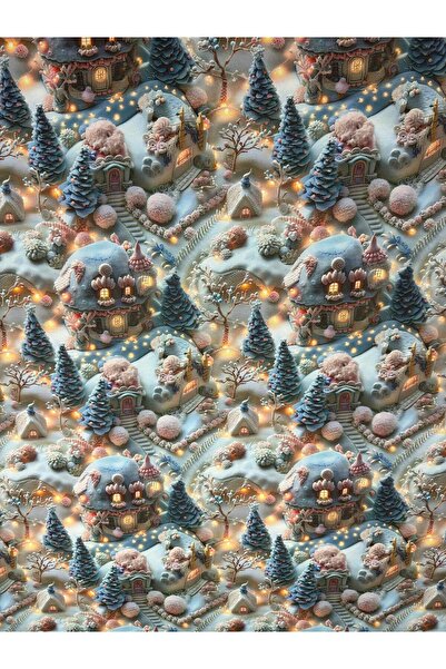 EKUMASCI Yılbaşı Deseni - Işıltılı Masal Köyü Dijital Duck Keten - Su İtici - 100x180 Metrelik Kumaş