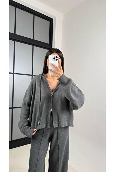 ALVOR T Double Zippered Hooded Cardigan Elastic Waist Trousers Double Knitwear Set