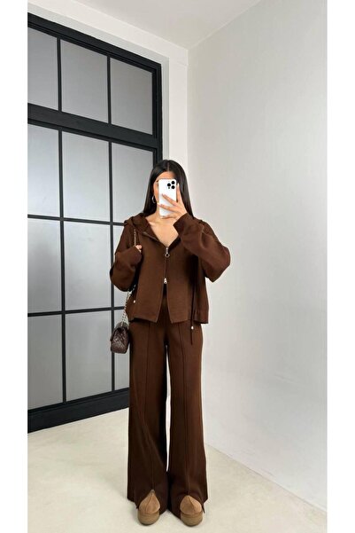 ALVOR T Double Zippered Hooded Cardigan Elastic Waist Trousers Double Knitwear Set