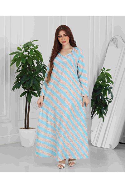 Nice Model Women's Striped V-Neck Maxi Kaftan Dress Long Sleeve Casual Summer Loungewear Plus Size Homewear