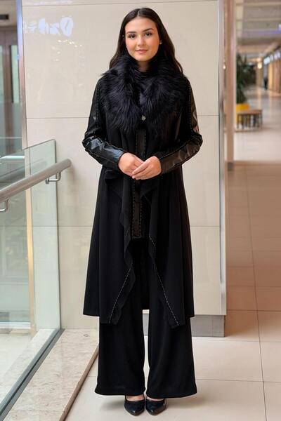 Ghisa Detachable Fur Leather Detailed Cap Sleeveless Underwear Pants 3-Piece Set