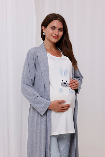 Yulem Homewear Blue Rabbit Patterned Cotton Maternity Pajamas with Nursing Feature, 3-Piece Set