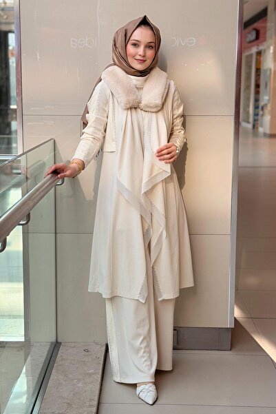 Ghisa Detachable Fur Leather Detailed Cap Sleeveless Underwear Pants 3-Piece Set