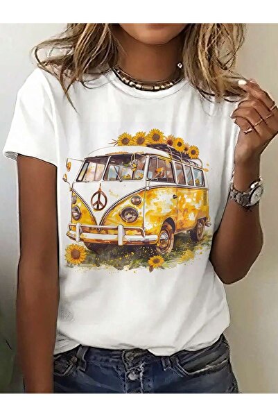 EYMORA Women's Sunflower and Bus Printed Crew Neck Short Sleeve T-Shirt