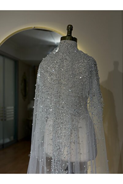 MODA Yoğun Dantelli Gelin Duvağı-2 Metre - Gümüş dantelli kristal kenar işlemeli inci serpme Duvak