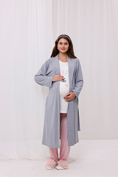 Yulem Homewear Powder Rabbit Patterned Nursing-Friendly Cotton Maternity Pajamas 3-Piece Set