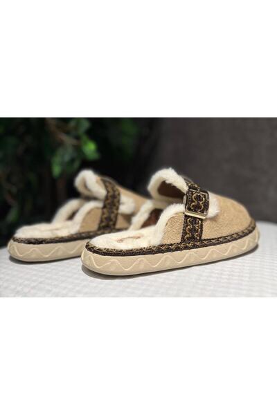 Platana Günlük Bej Suni Kürklü Kışlık Ev Terlik