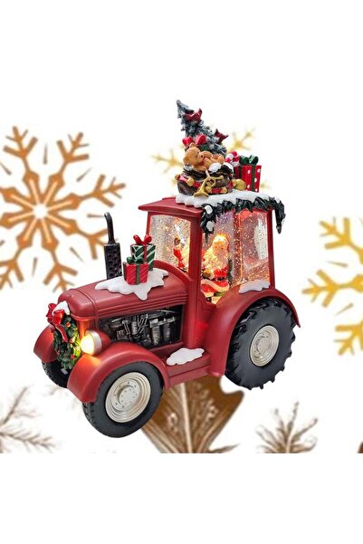 Home Red Christmas decorative tractor figurine with Santa, tree, LED lights, snow, music